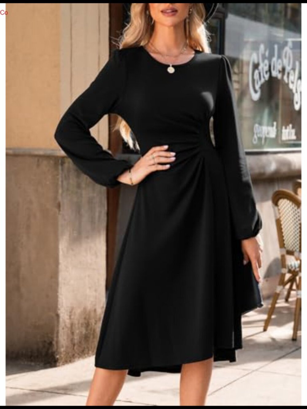Happy Sailed Long Sleeve Ruched Waist A Line High Low Midi Dress - Picture 3 of 6